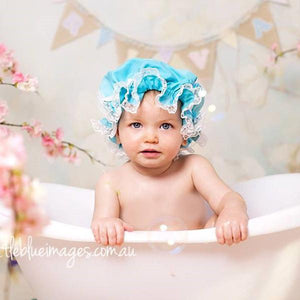 Aqua Blue Frilly Mob Cap for the after-cake-smash bath. Photo by Little Blue Images/Gold Coast Cake Smash Photography
