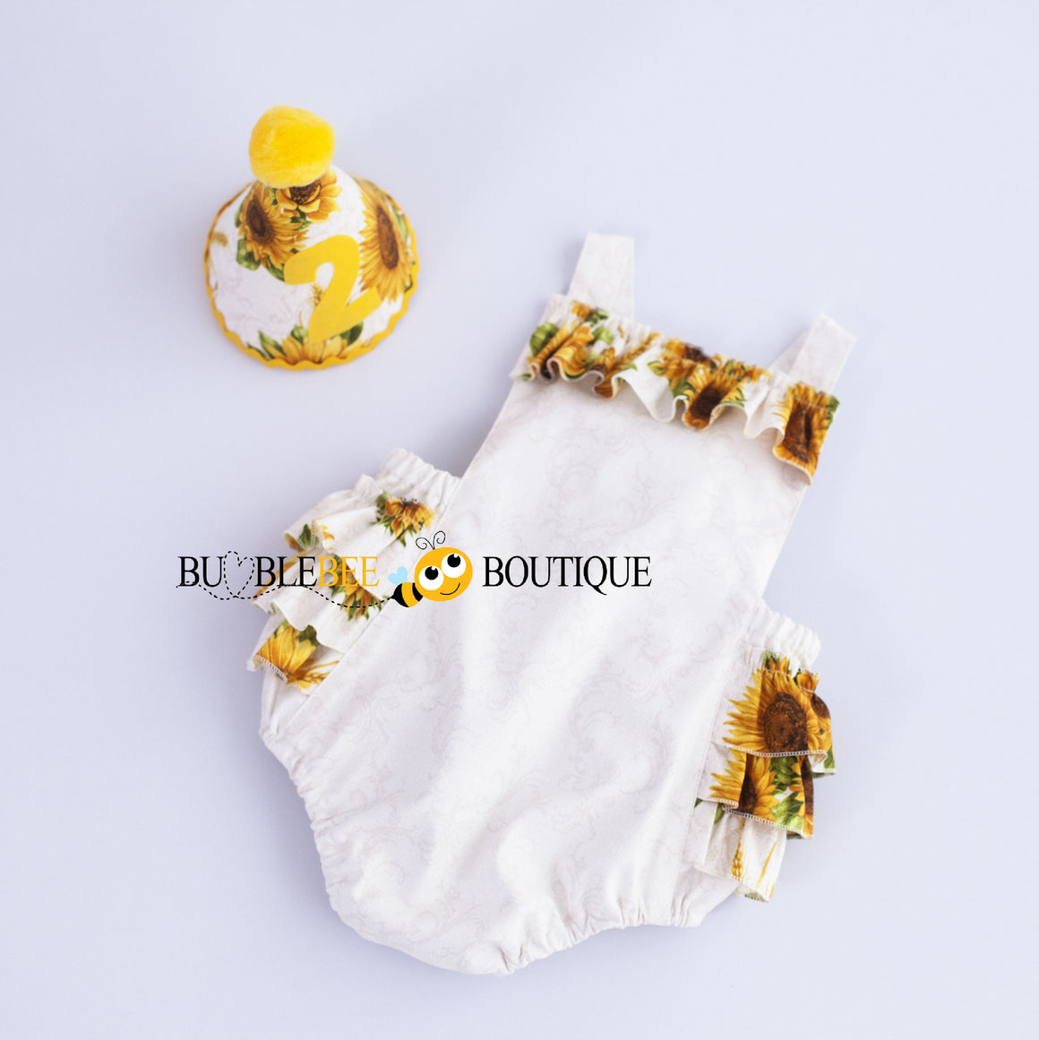 Sunflowers cake smash outfit romper & party hat front view