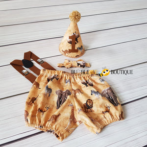 Safari animals cake smash outfit with brown suspenders