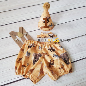 Safari animals cake smash outfit with beige suspenders