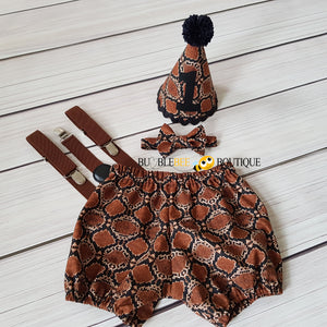 Snake Skin Cake Smash Outfit with Brown Suspenders