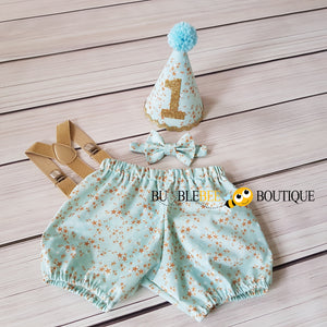 Twinkle Twinkle aqua blue star spangled cake smash outfit with gold suspenders