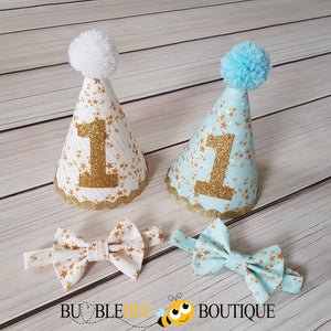 Twinkle Twinkle party hats and bow ties in aqua blue and white