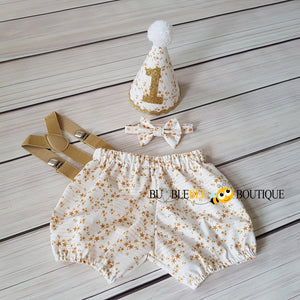 Twinkle Twinkle Cake Smash Outfit white with gold suspenders