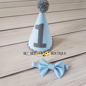 Baby Blue and Grey Party Hat and Bow Tie
