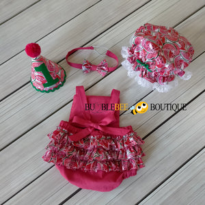 Luscious Watermelon Girls' Cake Smash Outfit - romper back view, headband, party hat & frilly mob cap (Shower cap)
