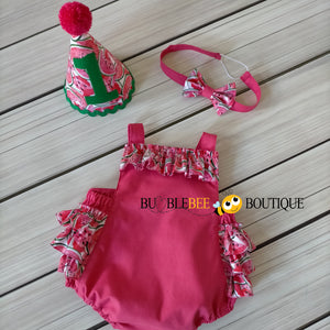 Luscious Watermelon Girls' Cake Smash Outfit - romper, headband, party hat