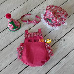 Luscious Watermelon Girls' Cake Smash Outfit - romper, headband, party hat & frilly mob cap (Shower cap) by Bumblebee Boutique