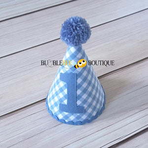 Charlie Chambray Blue & White Check Party Hat with Blue Trim