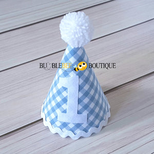 Charlie Chambray Blue & White Check Party Hat with White Trim
