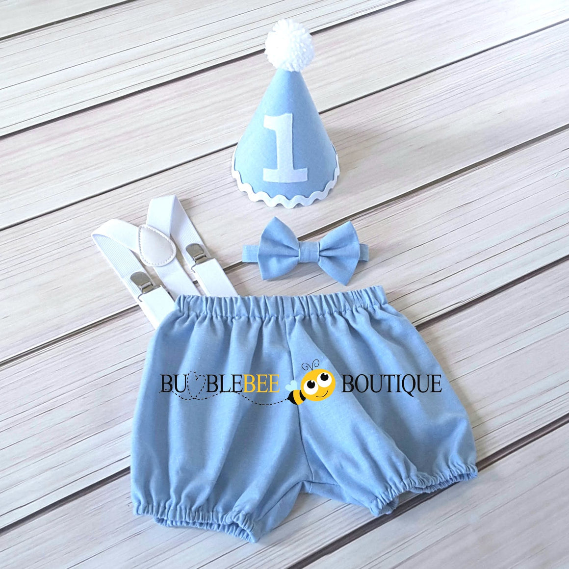 Georgie Chambray Blue Cake Smash Outfit with White Hat Trim
