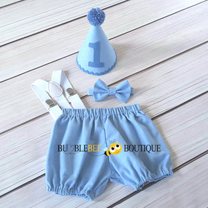 Georgie Chambray Blue Cake Smash Outfit with Blue Hat Trim