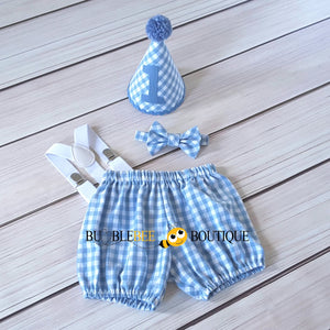Charlie Chambray Blue & White Check Cake Smash Outfit with Blue Hat Trim