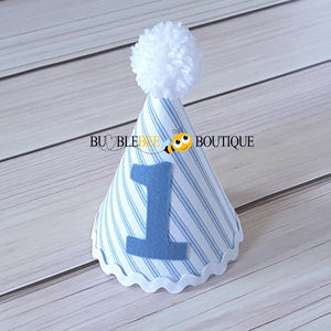 James White & Blue Striped Party Hat with Blue Trim