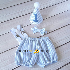 James White & Blue Striped Cake Smash Outfit with White Hat Trim