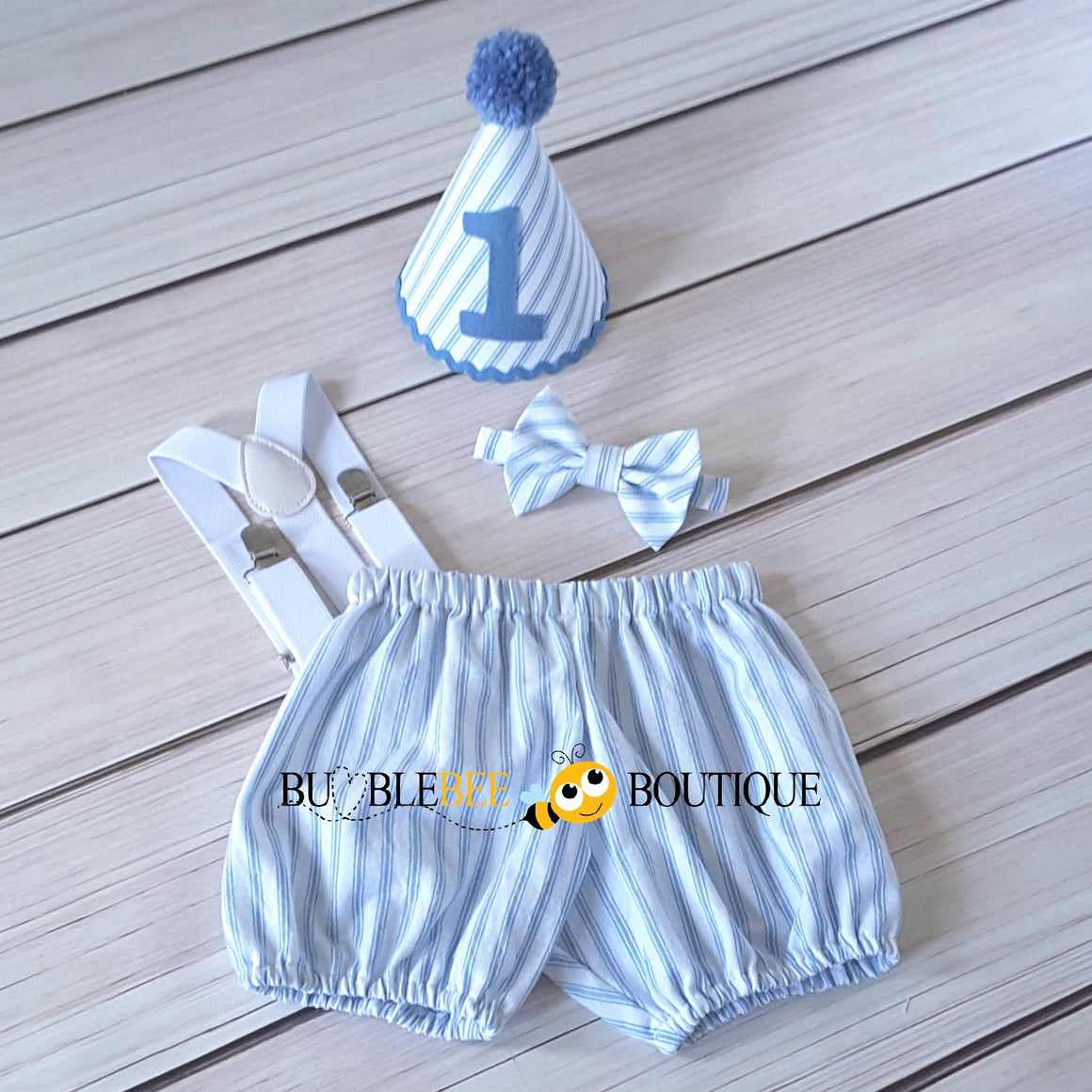 James White & Blue Striped Cake Smash Outfit with Blue Hat Trim