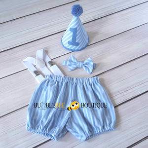 Thomas Chambray Blue & White Striped Cake Smash Outfit with Blue Hat Trim