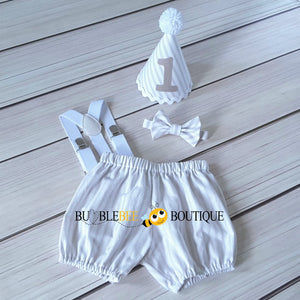 James White & Beige Striped Cake Smash Outfit with White Hat Trim & Suspenders