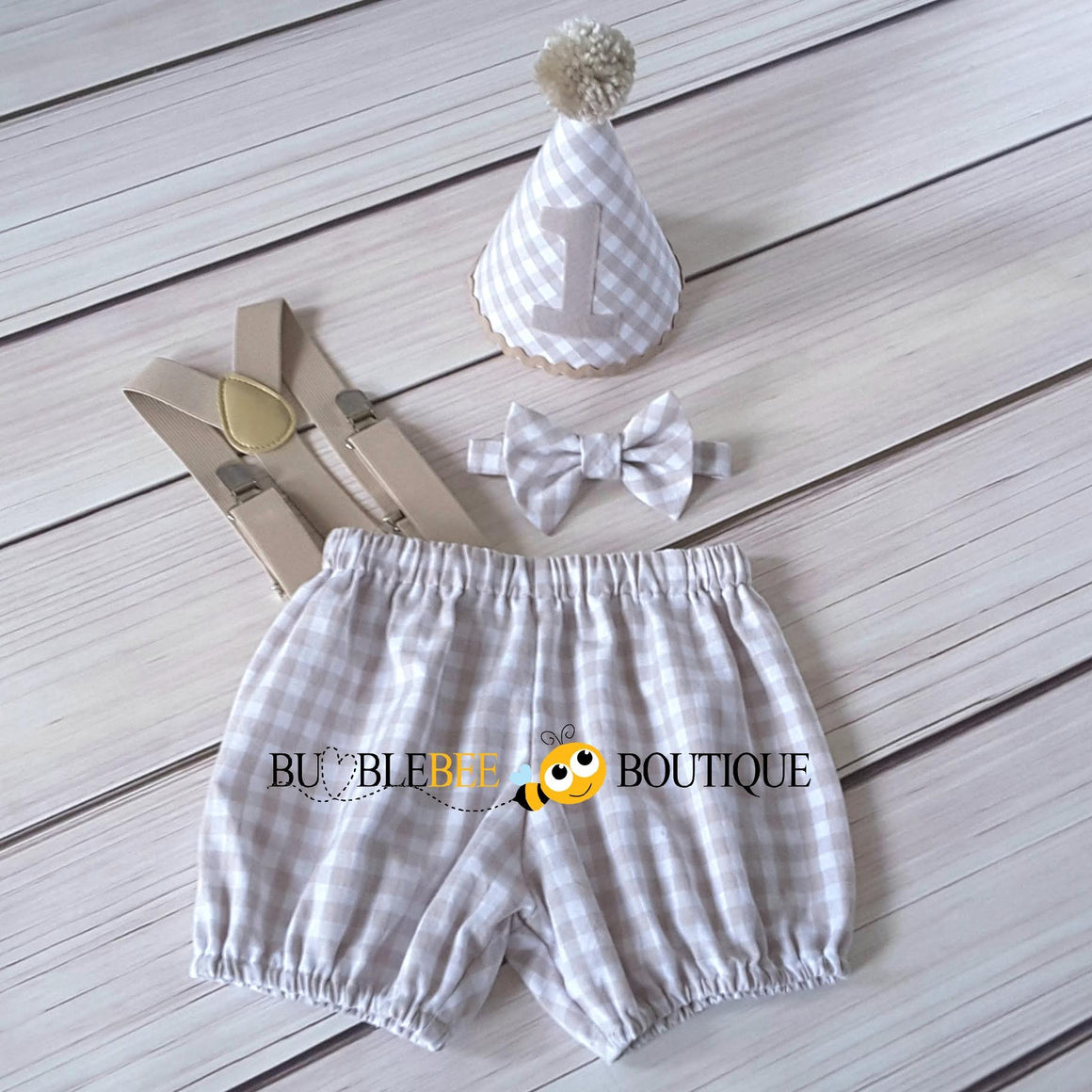 Charlie Beige & White Check Cake Smash Outfit with Beige Hat Trim & Suspenders