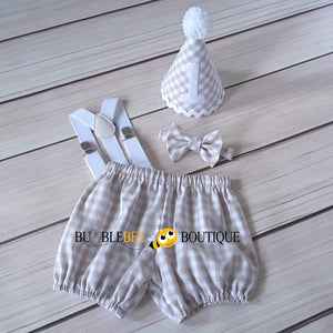 Charlie Beige & White Check Cake Smash Outfit with White Hat Trim & Suspenders