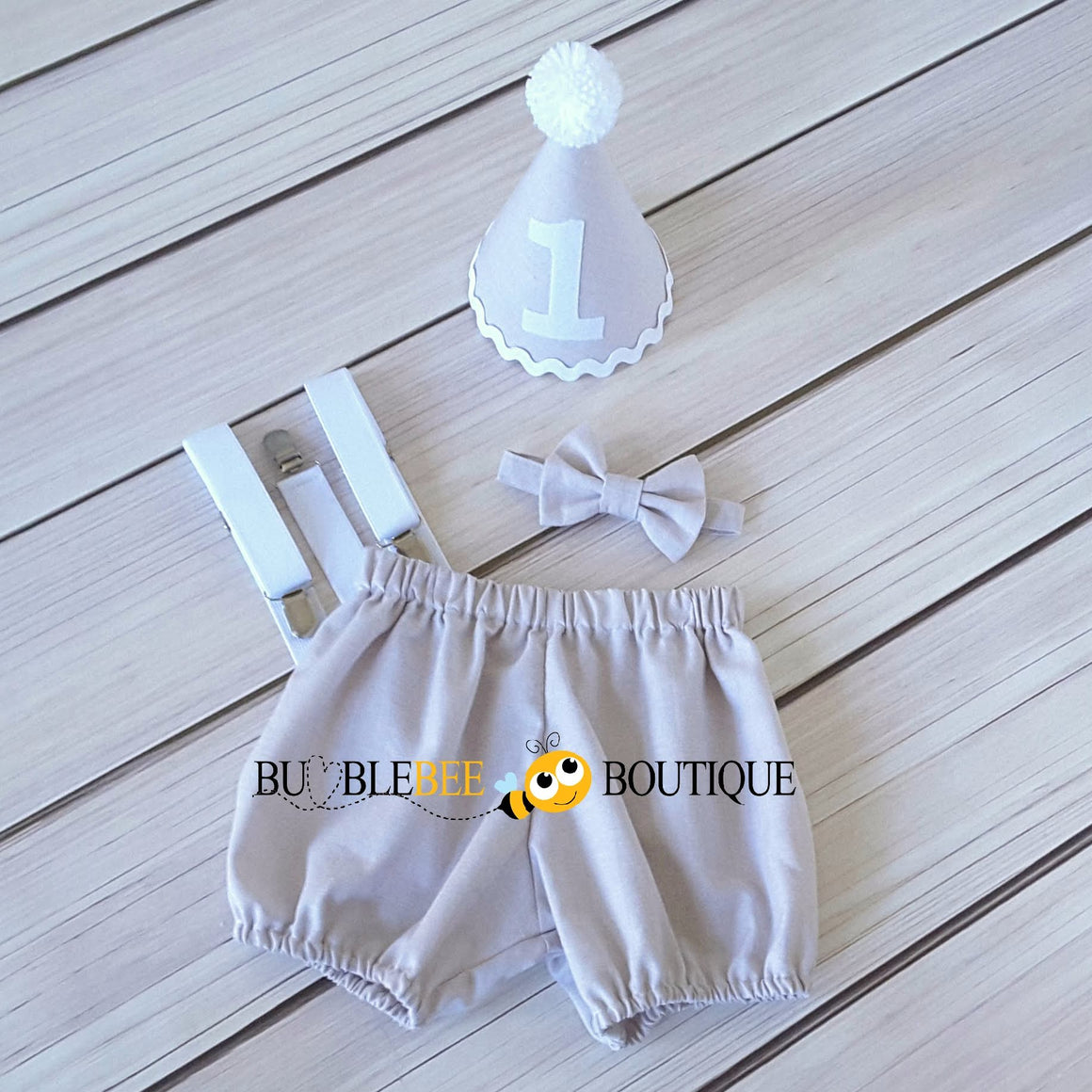 Georgie Beige Cake Smash Outfit with White Suspenders & Hat Trim