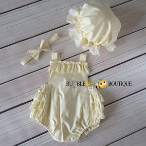 Cream Frilly Romper, Headband & Frilly Mob Cap front view, girls' cake smash outfit