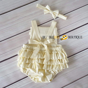 Cream Frilly Romper & Headband Girls' Cake Smash Outfit back view