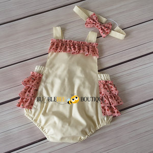 Rosebuds Pink on Cream Frilly Romper & Headband Girls' Cake Smash Outfit front view