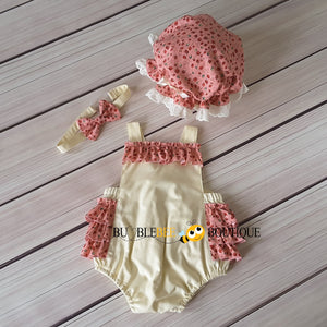 Rosebuds Pink on Cream Frilly Romper, Headband & Frilly Mob Cap Girls' Cake Smash Outfit
