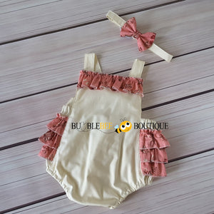 Vintage Floral Pink on Cream Frilly Romper & Headband front view Girls' Cake Smash Outfit