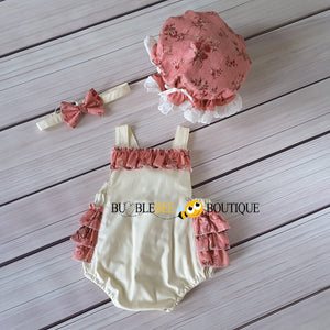 Vintage Floral Pink on Cream Frilly Romper, Headband & Frilly Mob Cap front view Girls' Cake Smash Outfit