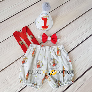 Peter Rabbit Grey Cake Smash Outfit with red suspenders