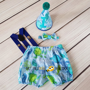 Seahorses & Turtles Cake Smash Outfit with royal blue suspenders