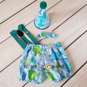 Seahorses & Turtles Cake Smash Outfit with teal suspenders