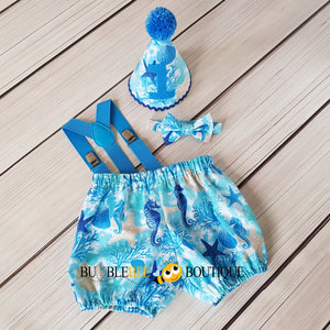 Seahorses & Starfish Cake Smash Outfit with bright blue suspenders