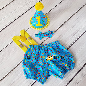 Dots in Dots Cake Smash Outfit with yellow suspenders