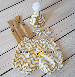 Glimmer Gold & White Chevron  cake smash outfit with gold suspenders
