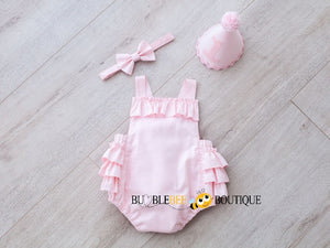Ballet Pink Girls' Cake Smash Outfit Frilly Romper, Headband & Party Hat