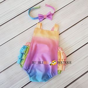 Pastel Rainbow gradations Girls Cake Smash Outfit - Frilly romper & headband Yellow/pink tones front view