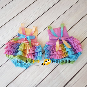 Girls Cake Smash Outfit Pastel Rainbow Frilly Romper in 2 colourways, back view