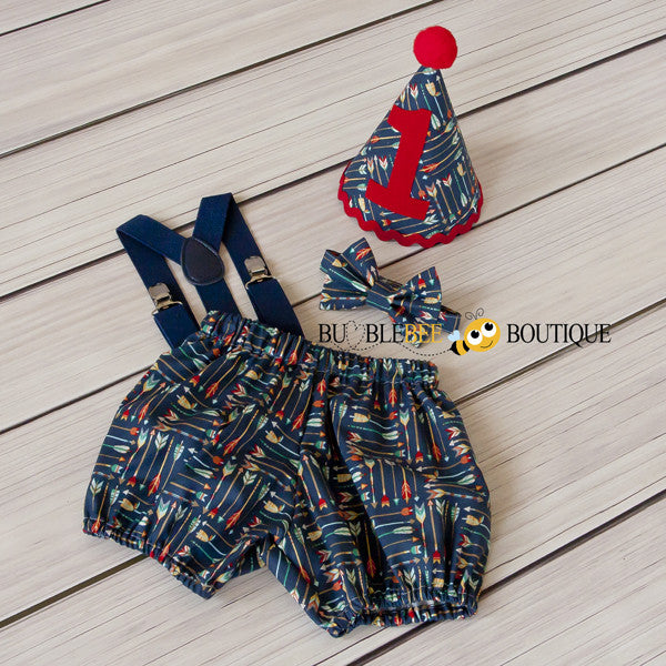 Adventure Arrows navy boys' cake smash outfit with navy suspenders