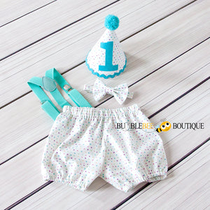 Bambini Dots Cake Smash Outfit with aqua suspenders & trim
