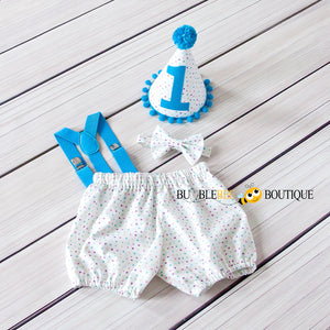 Bambini Dots Cake Smash Outfit with blue suspenders & trim