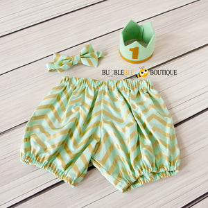 Glimmer Gold and Mint Green Chevron Cake Smash Outfit with Felt Mini Crown