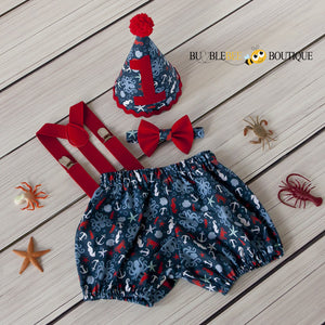 Octopus Beach Cake Smash Outfits with red suspenders & bow tie