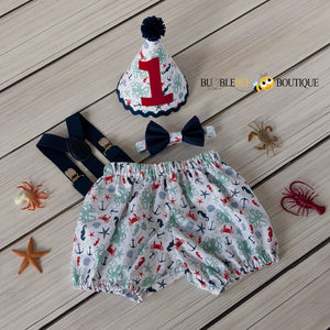 Octopus Beach White Cake Smash Outfit with Navy Suspenders & Tie