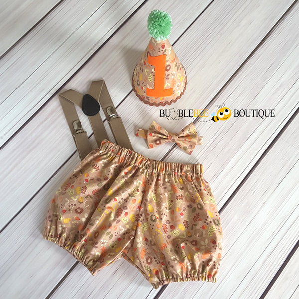 Woodland cake smash outfit with light brown suspenders
