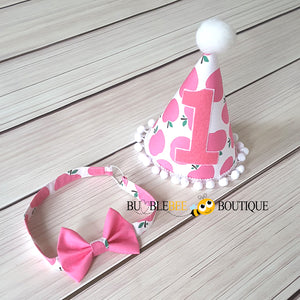 Apple of My Eye Pink Girls Cake Smash Outfit headband and party hat