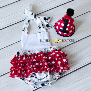 Minnie Mouse Girls Cake Smash Outfit Frilly Romper Back View & Party Hat 