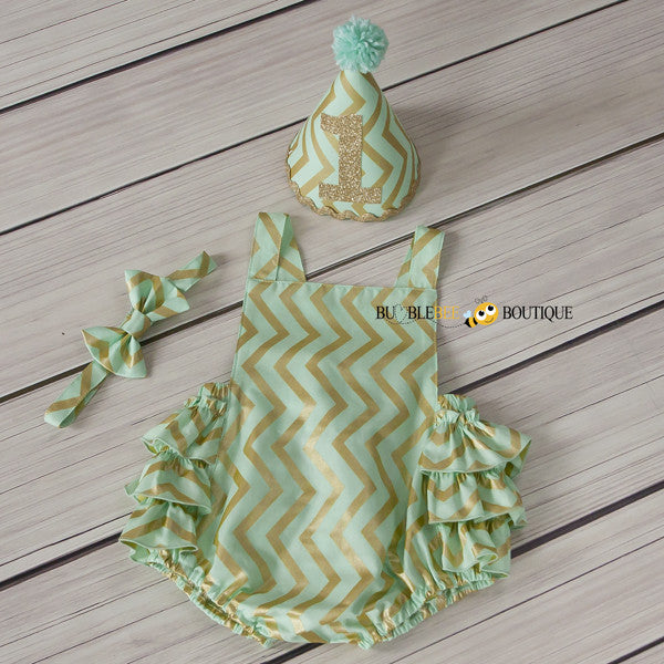 Mist Green & Gold Glimmer Chevron Girls' Cake Smash Outfit. Frilly romper, headband, party hat.